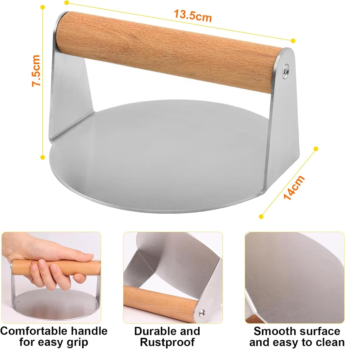Pressa professionale per hamburger con manico in legno, in acciaio inox 304
