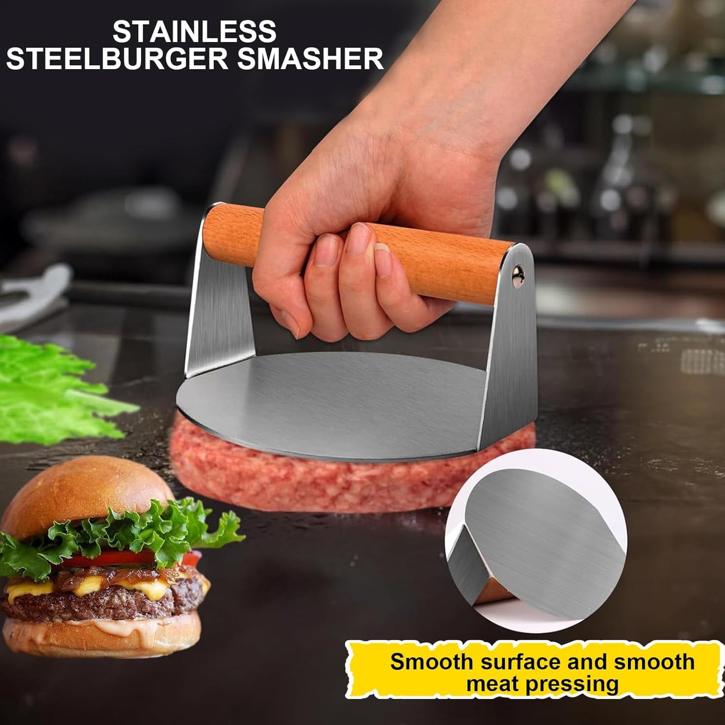 Pressa professionale per hamburger con manico in legno, in acciaio inox 304