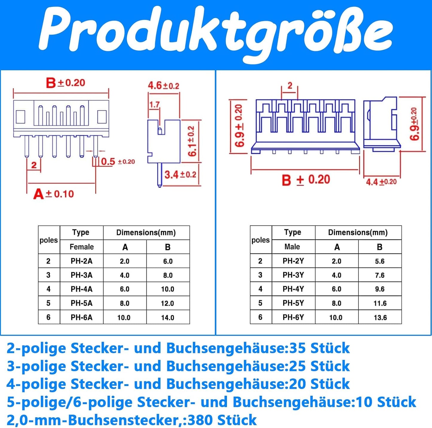 Kit di connettori a crimpare TuseRxln da 580 pezzi, 2,54 mm, alloggiamento a 2/3/4/5/6 pin