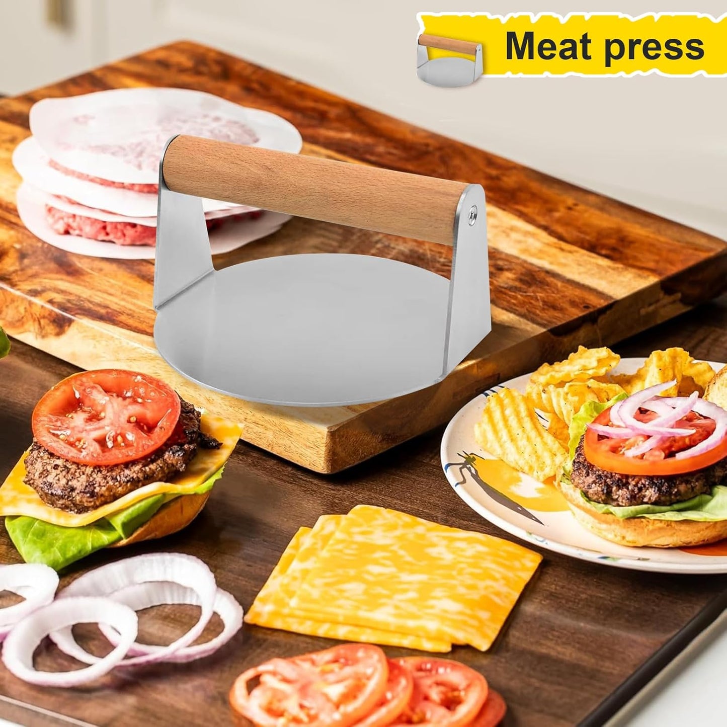 Pressa professionale per hamburger con manico in legno, in acciaio inox 304