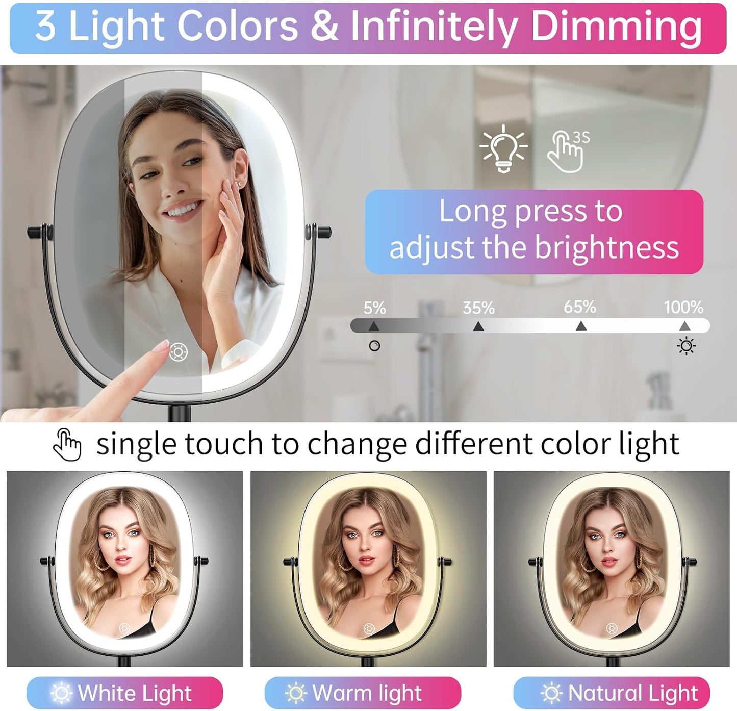 Specchio cosmetico ricaricabile con illuminazione, ingrandimento 1X/7X