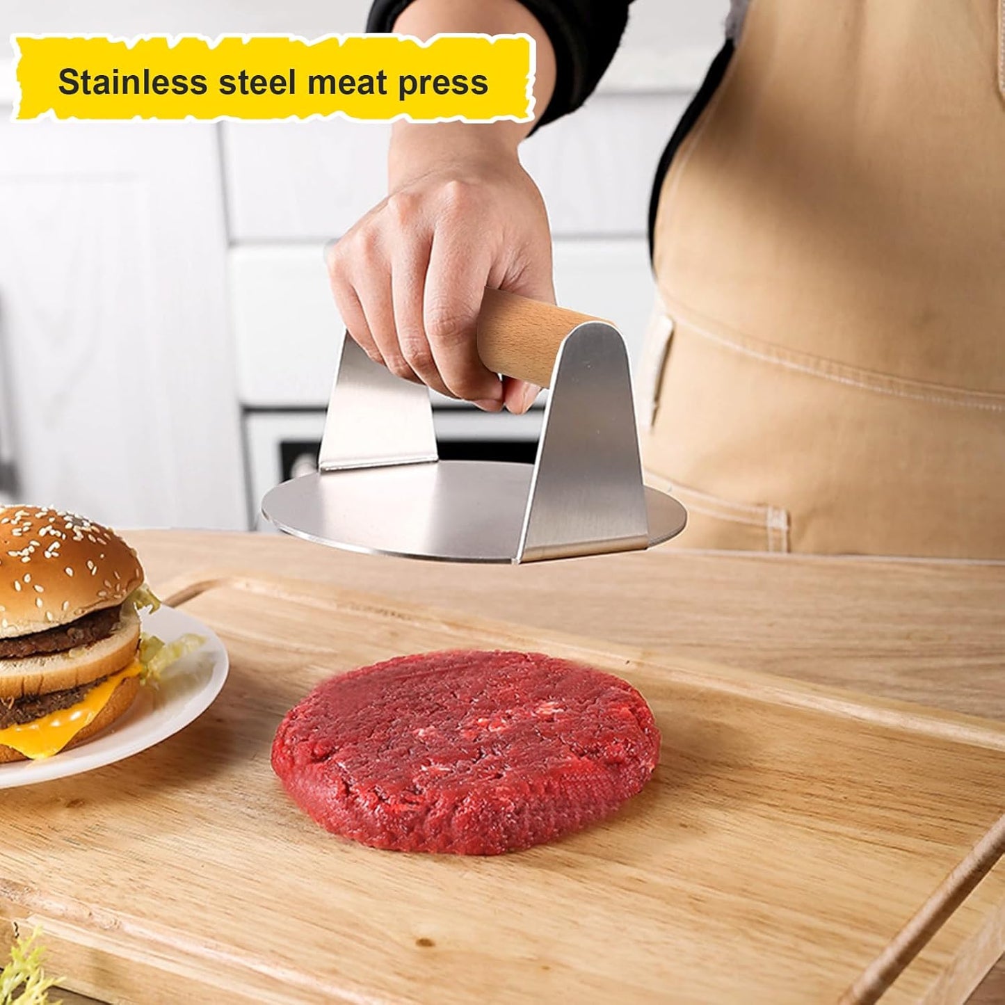 Pressa professionale per hamburger con manico in legno, in acciaio inox 304