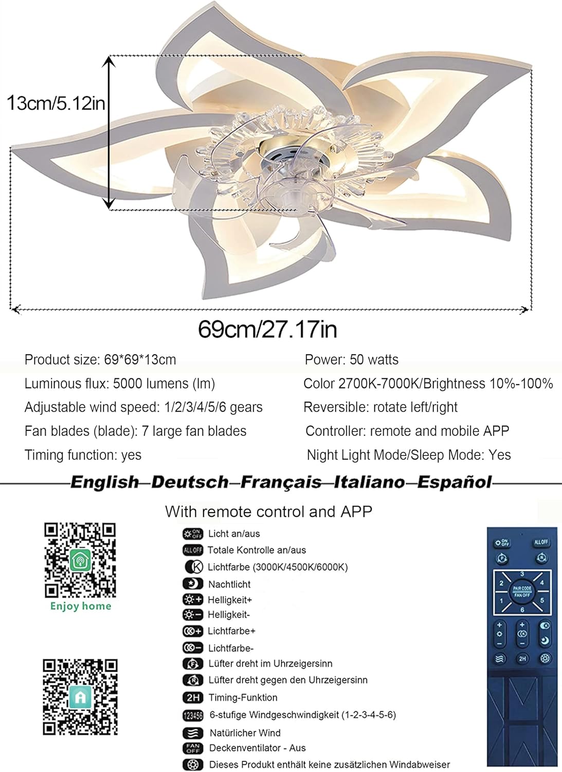 Ventilatore dimmerabile,plafoniera con ventilatore a soffitto 69 CM