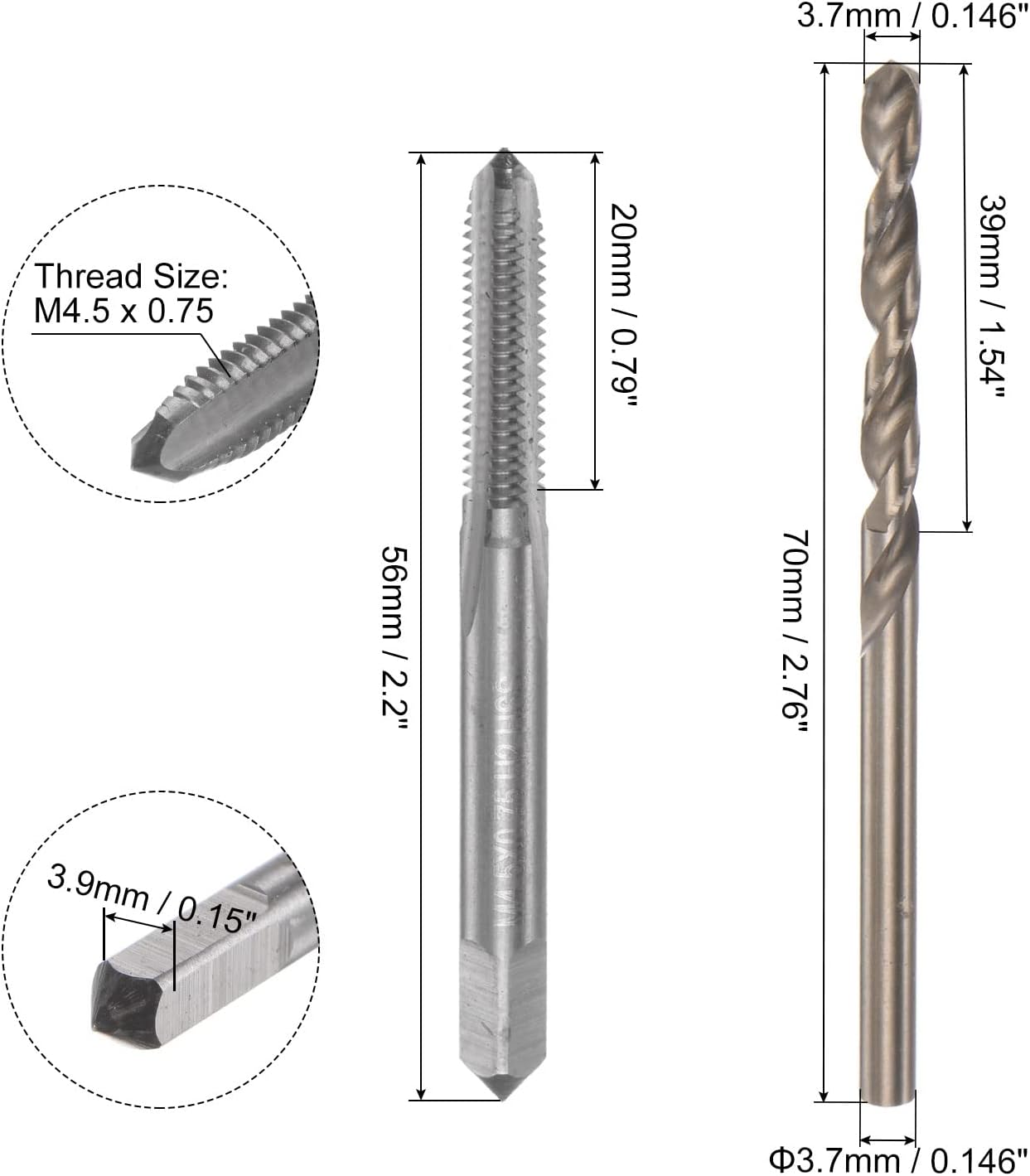 Set di punte e punte a scanalatura dritta M4,5 x 0,75 H2, Punta elicoidale in acciaio rapido al cobalto (HSS-CO) da 3,7 mm M35