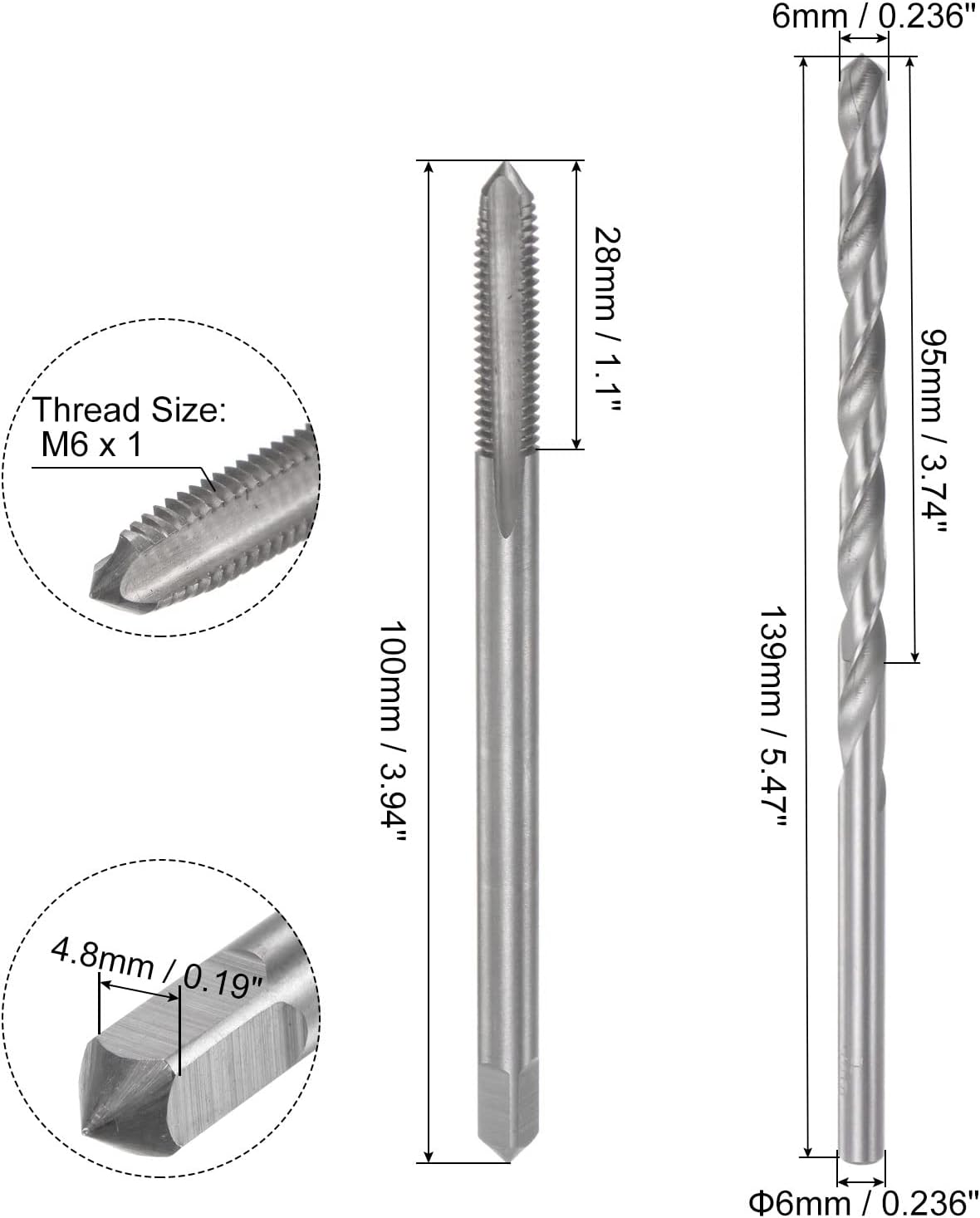 Set di punte e punte per macchina a scanalatura dritta M6 x 1 H2 100 mm extra lungo, punta elicoidale in acciaio rapido (HSS) da 6 mm
