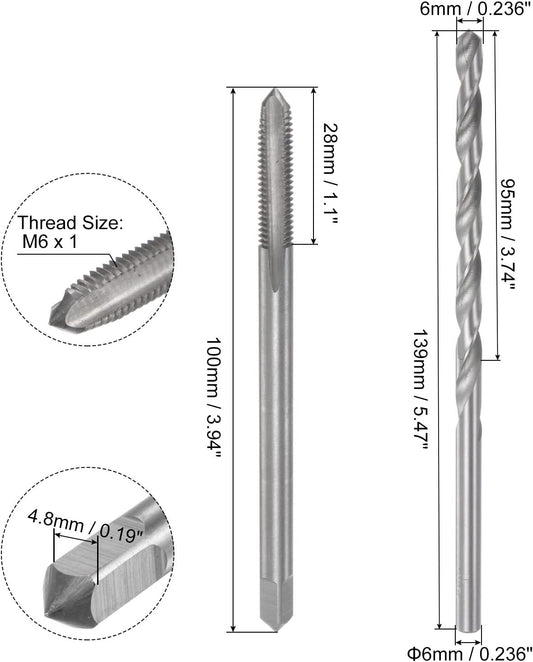 Set di punte e punte per macchina a scanalatura dritta M6 x 1 H2 100 mm extra lungo, punta elicoidale in acciaio rapido (HSS) da 6 mm