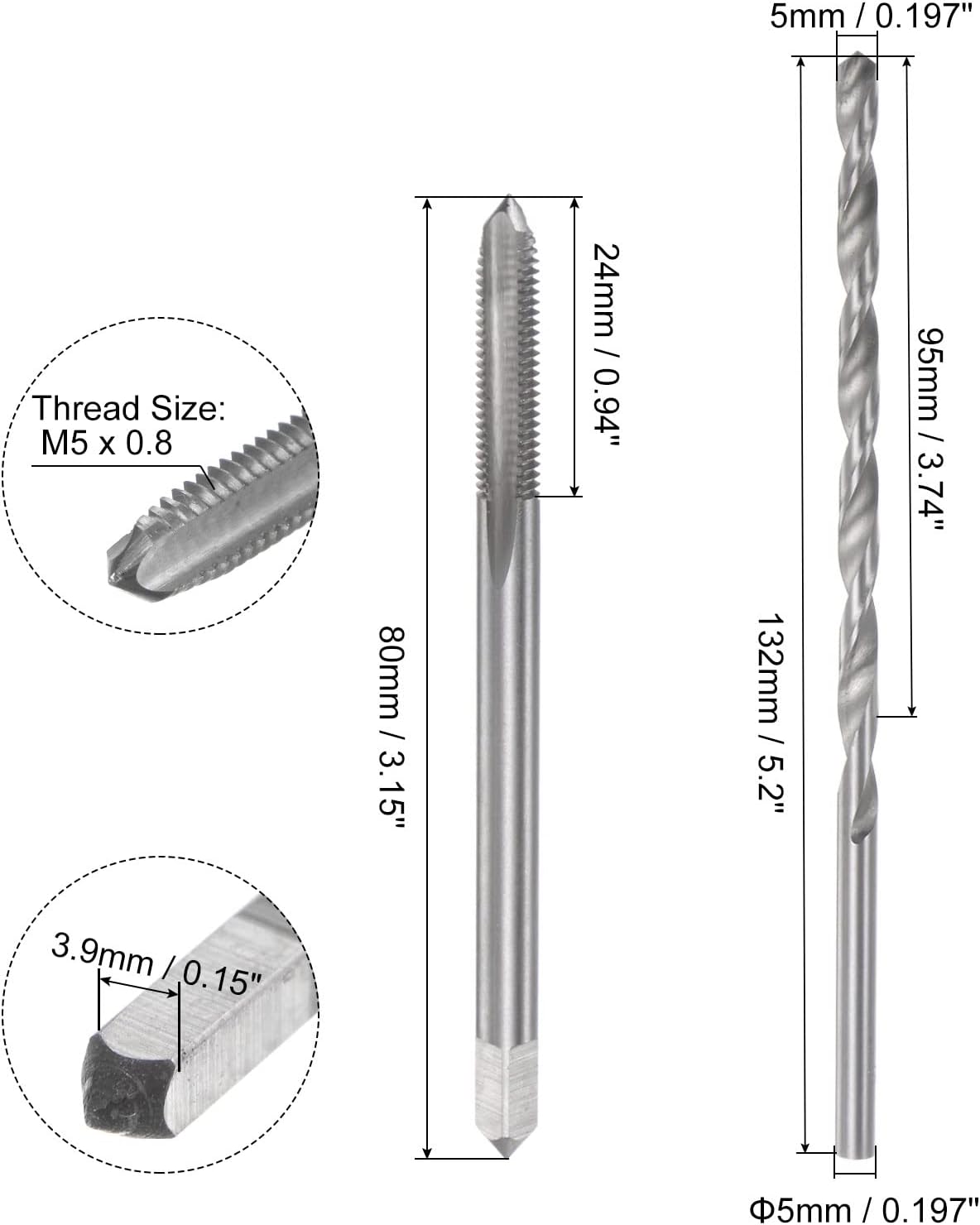 Set di maschi e punte, maschio per filettatura a macchina con scanalatura dritta M5 x 0,8 H2, svasatore, 80 mm extra lungo, punta elicoidale in acciaio rapido (HSS) da 5 mm