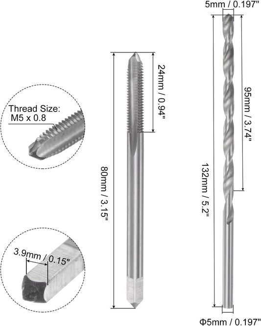 Set di maschi e punte, maschio per filettatura a macchina con scanalatura dritta M5 x 0,8 H2, svasatore, 80 mm extra lungo, punta elicoidale in acciaio rapido (HSS) da 5 mm