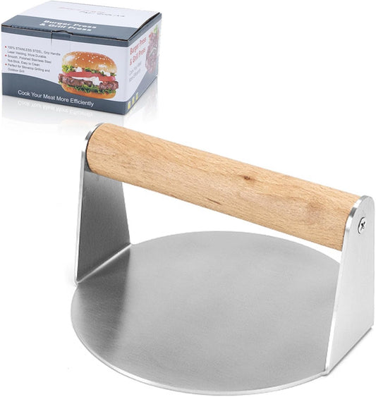 Pressa professionale per hamburger con manico in legno,  in acciaio inox 304
