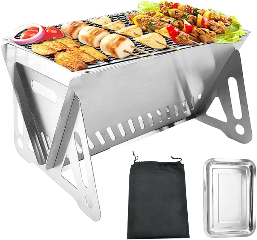 Mini griglia a carbone portatile in acciaio inox, piccola griglia da tavolo pieghevole per bar, giardino, campeggio all'aperto