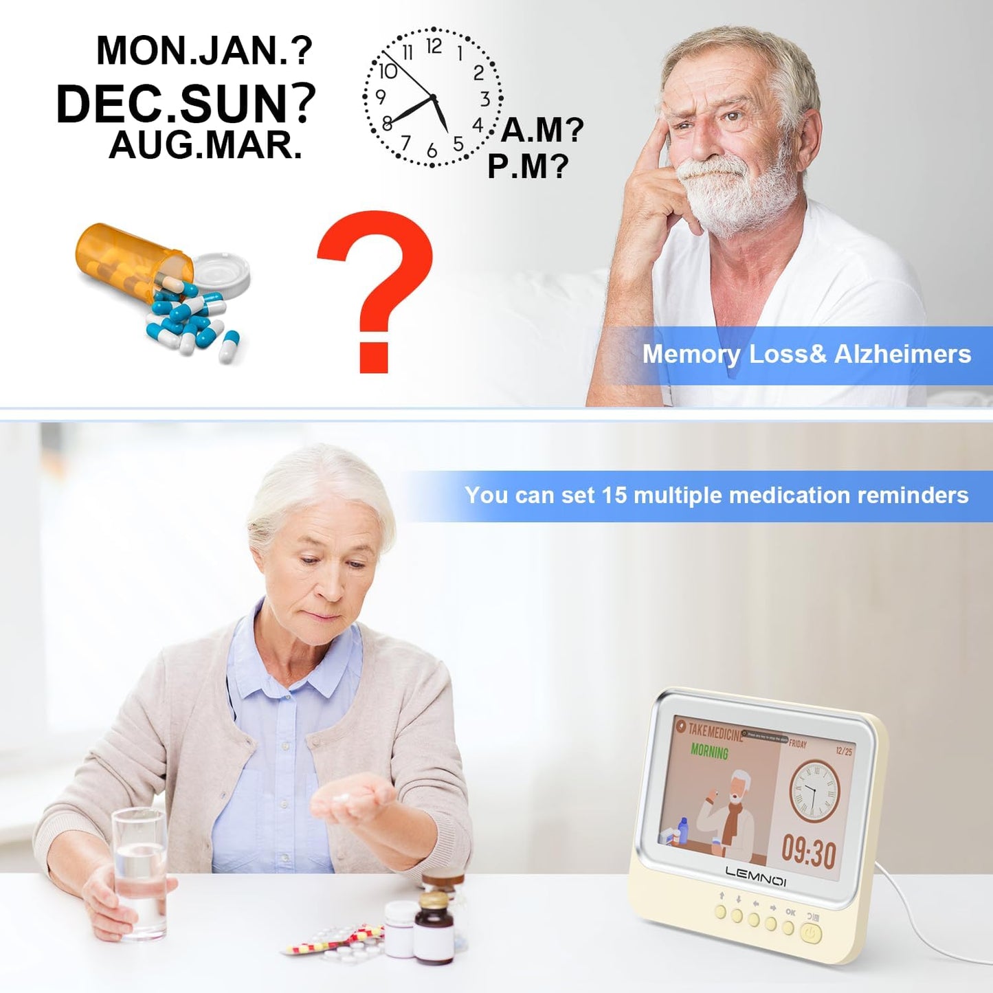 Orologio per Alzheimer,Calendario Elettronico Anziani,Sveglia Digitale con Giorni Data e Anno Temperatura,15 Allarmi & Promemoria farmaci