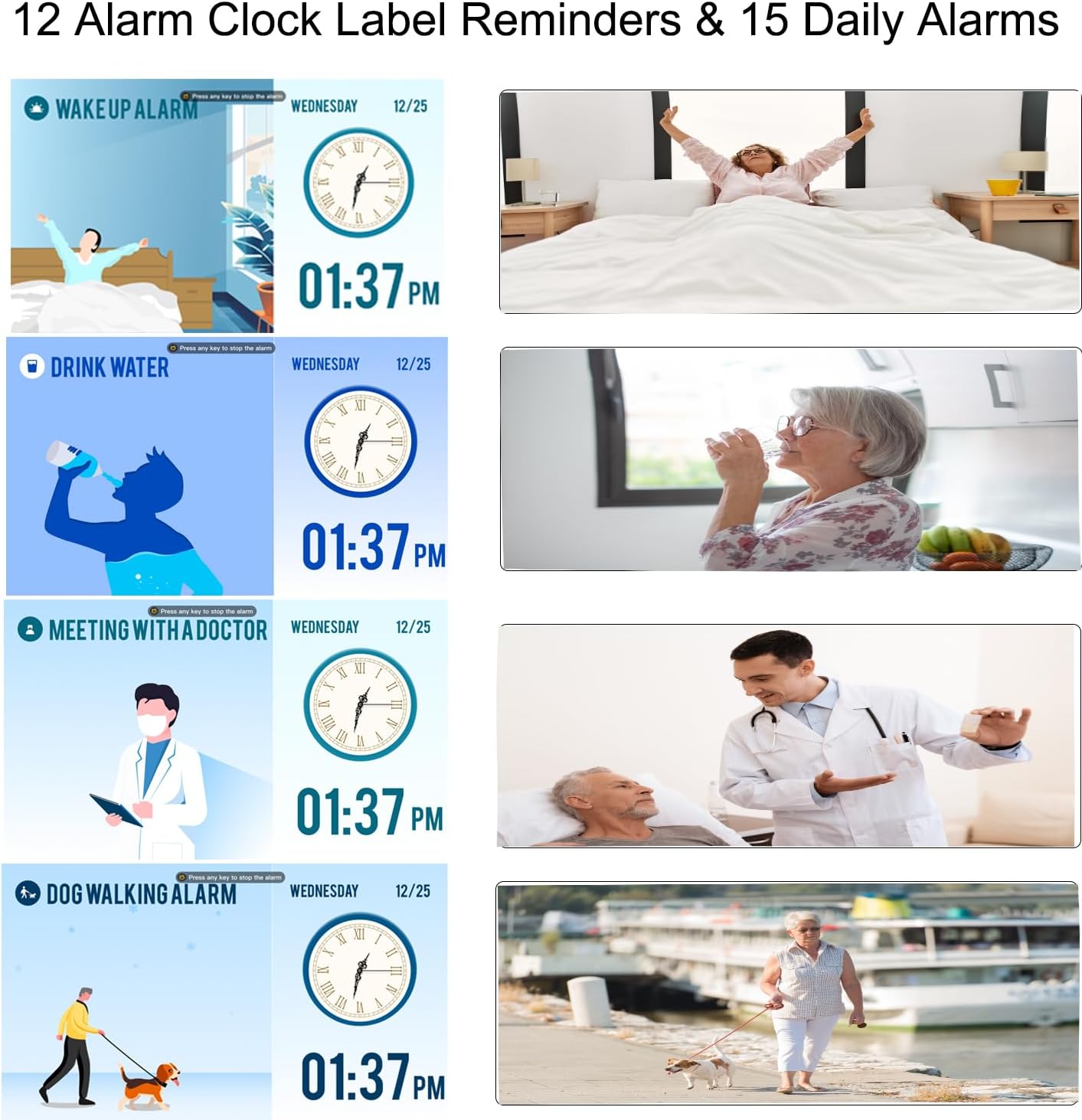 Orologio per Alzheimer,Calendario Elettronico Anziani,Sveglia Digitale con Giorni Data e Anno Temperatura,15 Allarmi & Promemoria farmaci