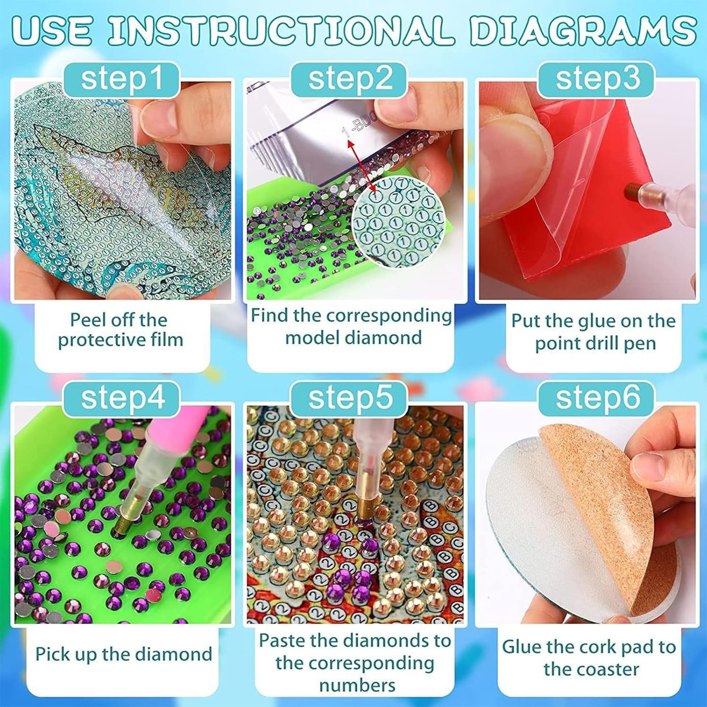 Set di 6 sottobicchieri con supporto per diamante, fai da te, per adulti, bambini, per tazze di vetro, vasi, candele e bevande