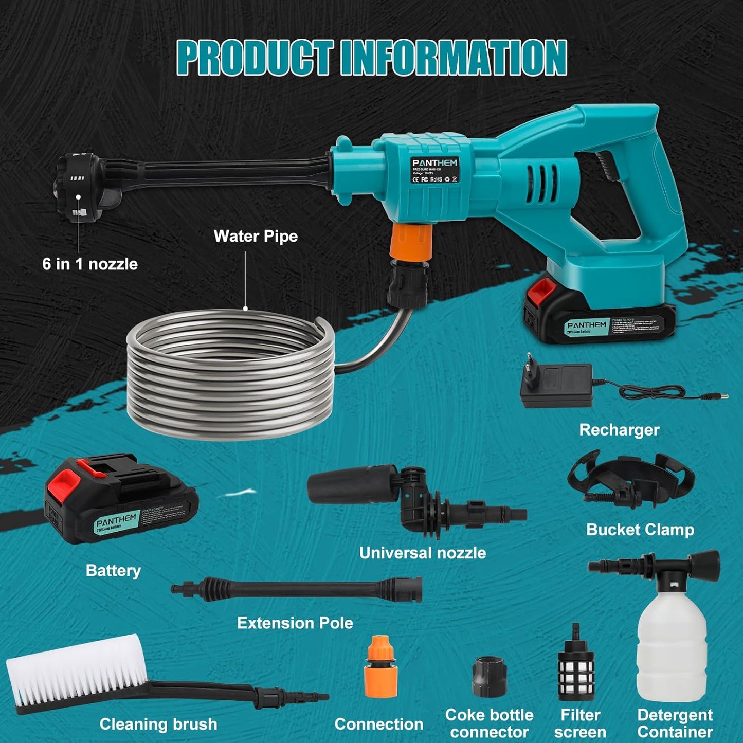 Idropulitrice Portatile con 6 In 1 Ugello, Idropulitrice Elettrica Senza Fili con 2 batterie da 21 V,